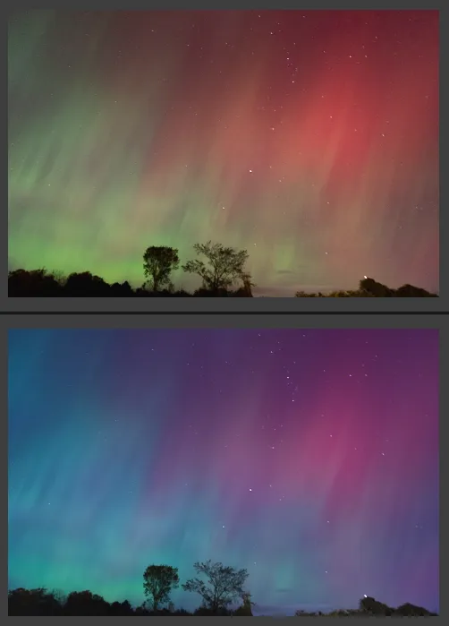 肉眼只能看到灰白色的极光